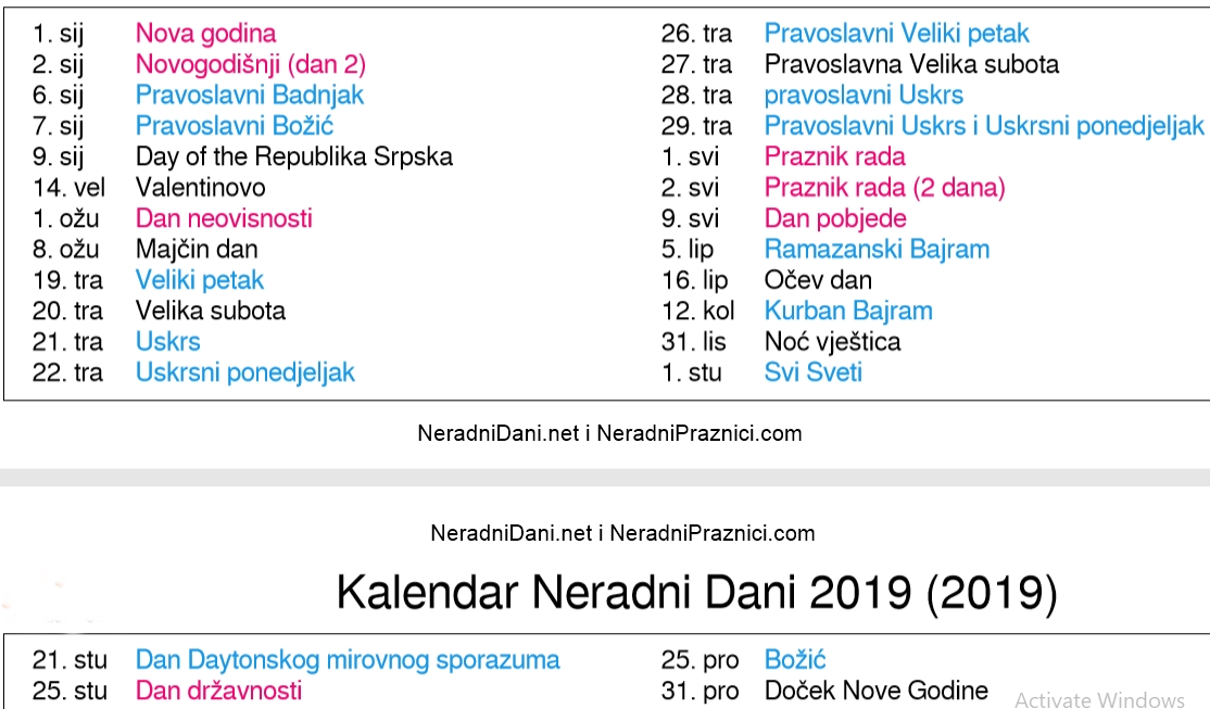 Kalendar u Bosni i Hercegovini 2019